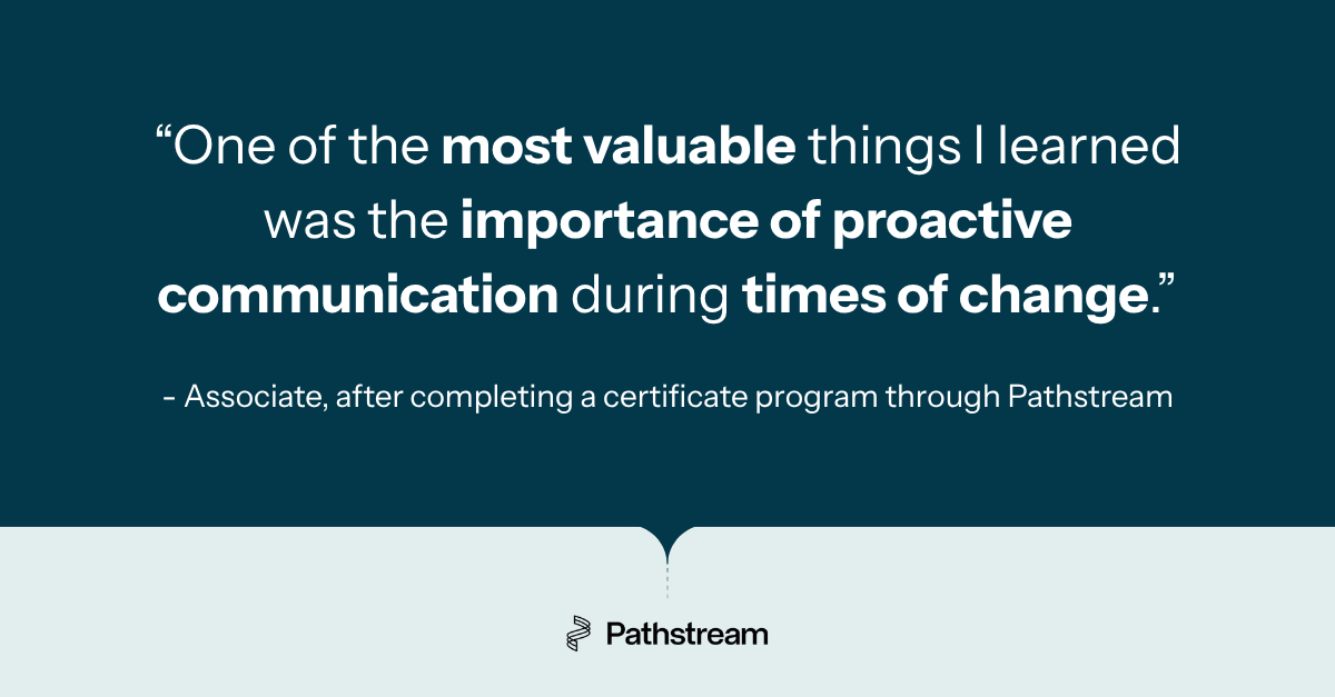 A graphic with a quote from a warehouse associate after completing a Pathstream program