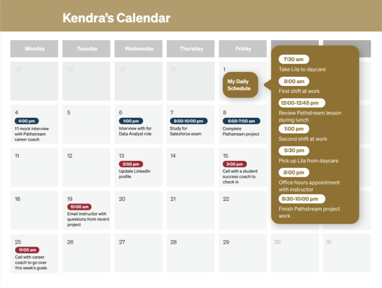 Example study calendar for online certificate course